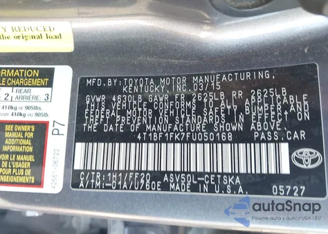 2015 Toyota Camry Se z USA, uszkodzony, nr VIN 4T1BF1FK7FU050168